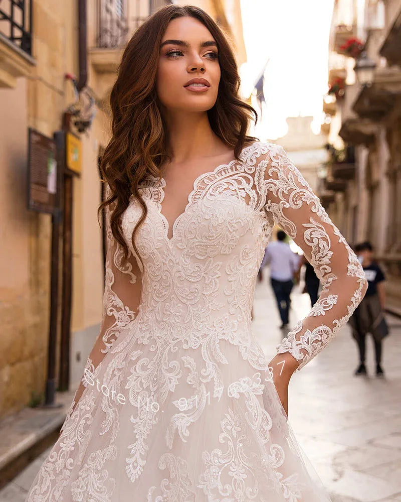 Vestido de novia de manga larga con escote en V profundo y apliques de encaje, vestido de novia de tul de lujo