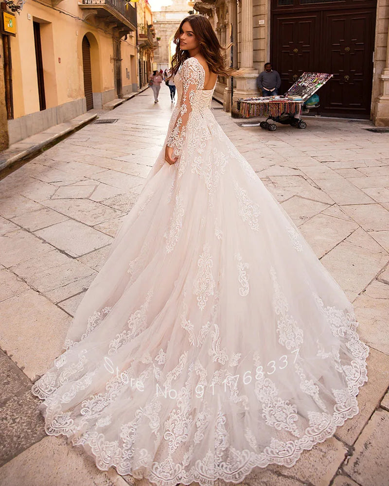 Vestido de novia de manga larga con escote en V profundo y apliques de encaje, vestido de novia de tul de lujo