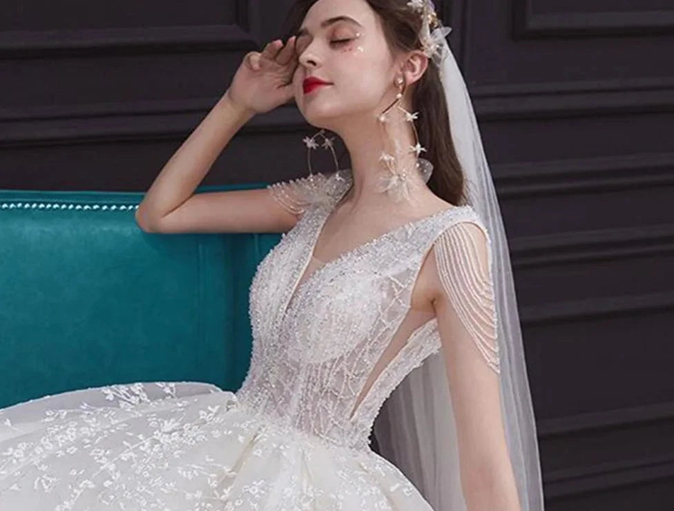 Vestidos de novia de tul con borlas y abalorios de Trouwjurk, vestidos de novia de princesa con hombros descubiertos, cola capilla, hermosos vestidos de novia