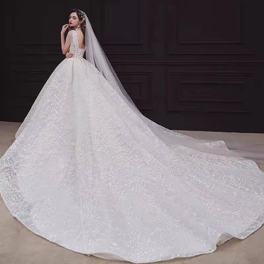 Vestidos de novia de tul con borlas y abalorios de Trouwjurk, vestidos de novia de princesa con hombros descubiertos, cola capilla, hermosos vestidos de novia