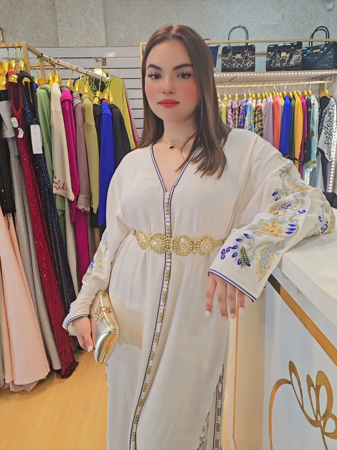 Kaftan kawtar , Caftan con perlas Jalabiya Middle Kaftan Women Eid Muslim Belt Dress