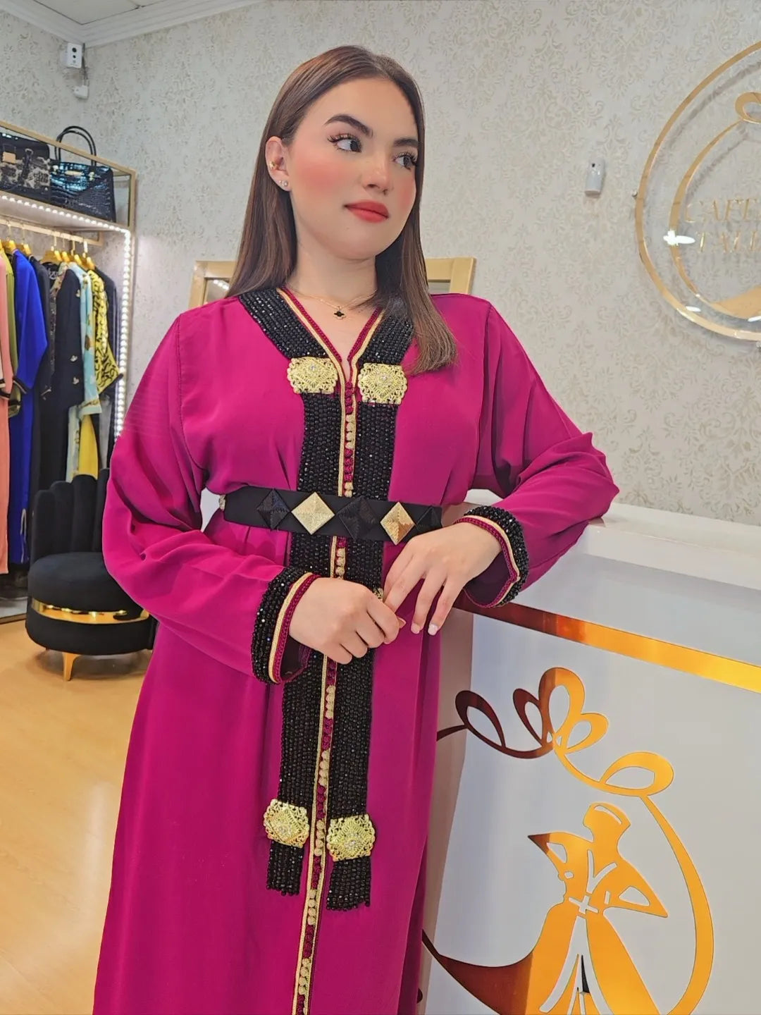 Kaftan Talia  , Caftan Talia  con perlas Jalabiya Middle Kaftan Women Eid Muslim Belt Dress