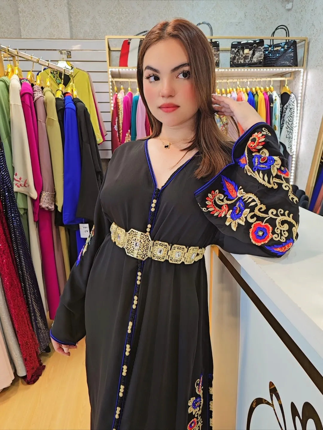 Kaftan kawtar , Caftan con perlas Jalabiya Middle Kaftan Women Eid Muslim Belt Dress