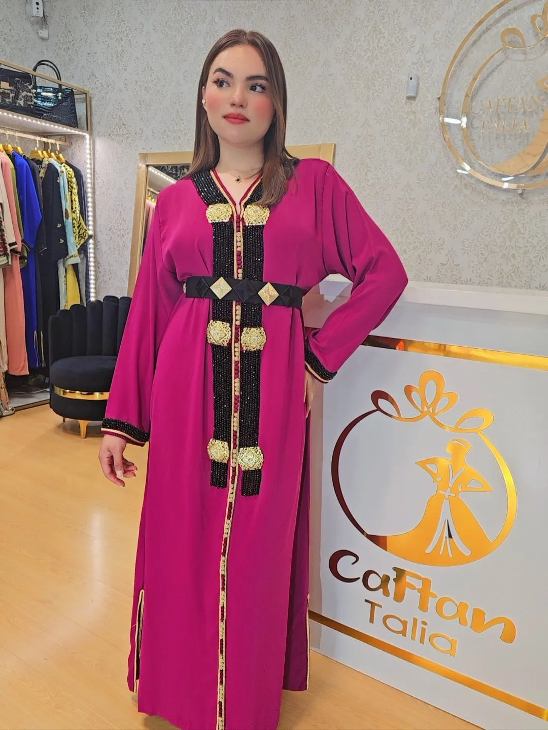 Kaftan Talia  , Caftan Talia  con perlas Jalabiya Middle Kaftan Women Eid Muslim Belt Dress