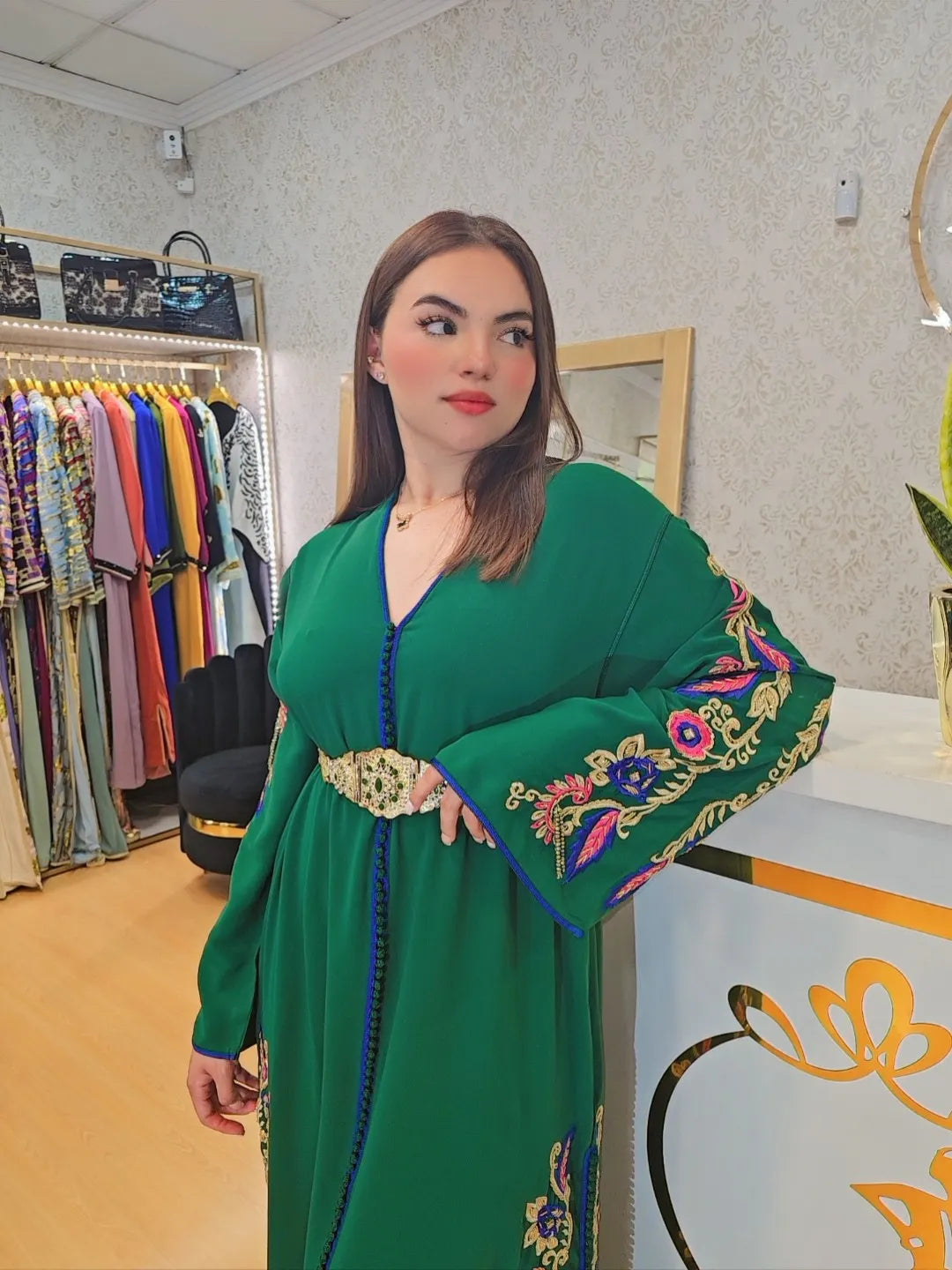 Kaftan kawtar , Caftan con perlas Jalabiya Middle Kaftan Women Eid Muslim Belt Dress