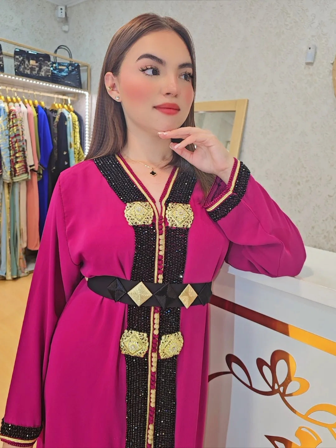 Kaftan Talia  , Caftan Talia  con perlas Jalabiya Middle Kaftan Women Eid Muslim Belt Dress