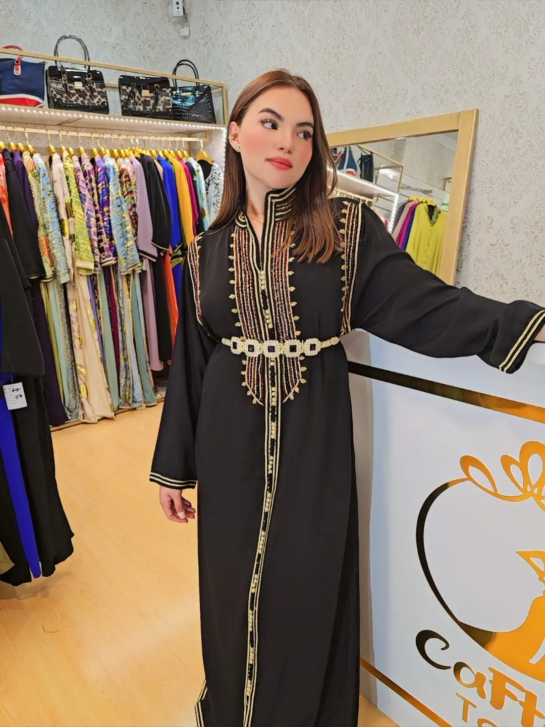 Kaftan  , Caftan con perlas Jalabiya Middle Kaftan Women Eid Muslim Belt Dress