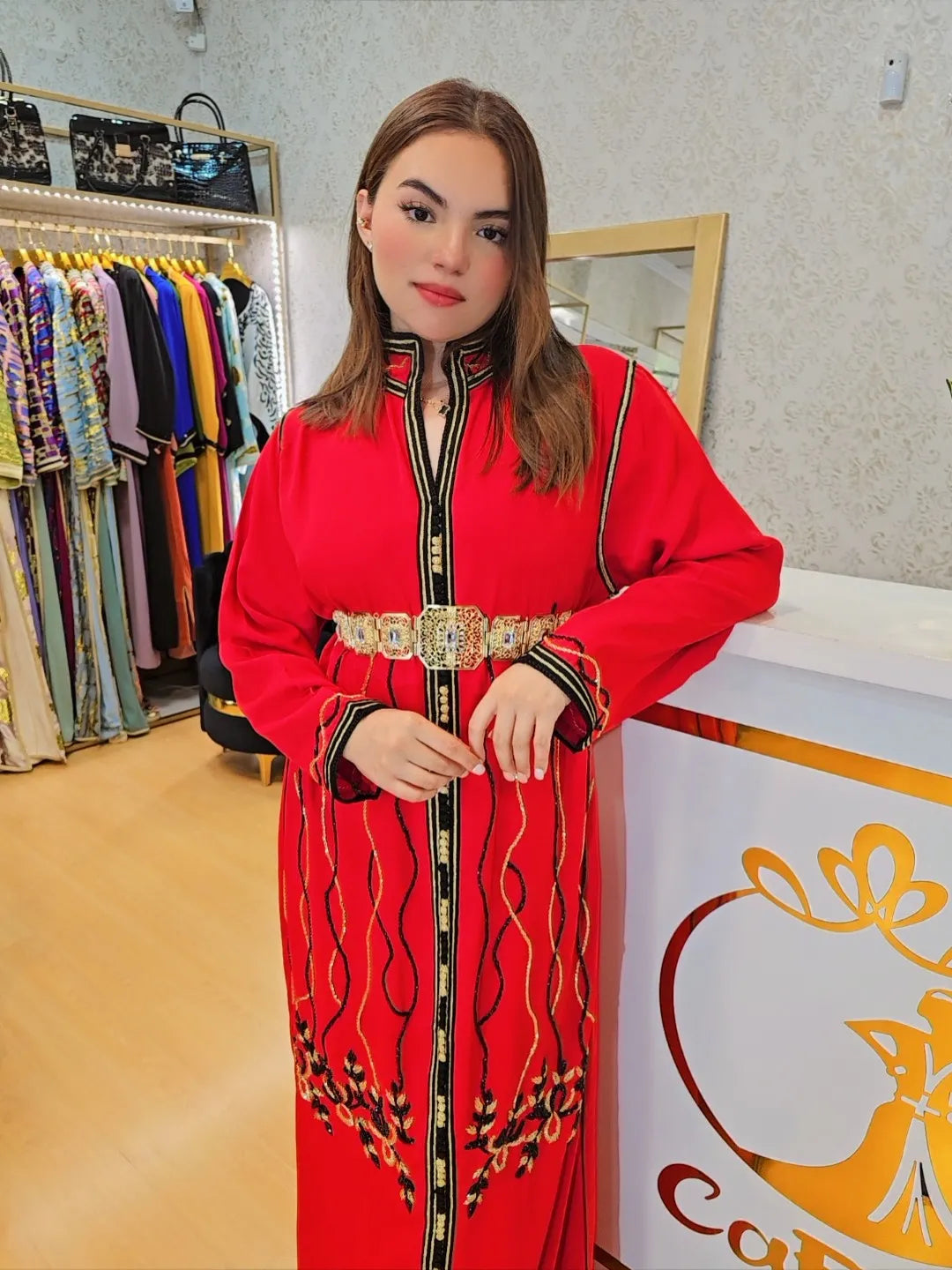 Kafyan Faiza , Caftan con perlas Jalabiya Middle Kaftan Women Eid Muslim Belt Dress