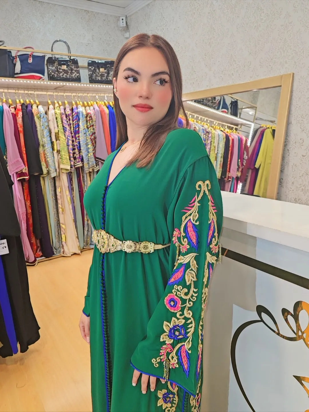 Kaftan kawtar , Caftan con perlas Jalabiya Middle Kaftan Women Eid Muslim Belt Dress