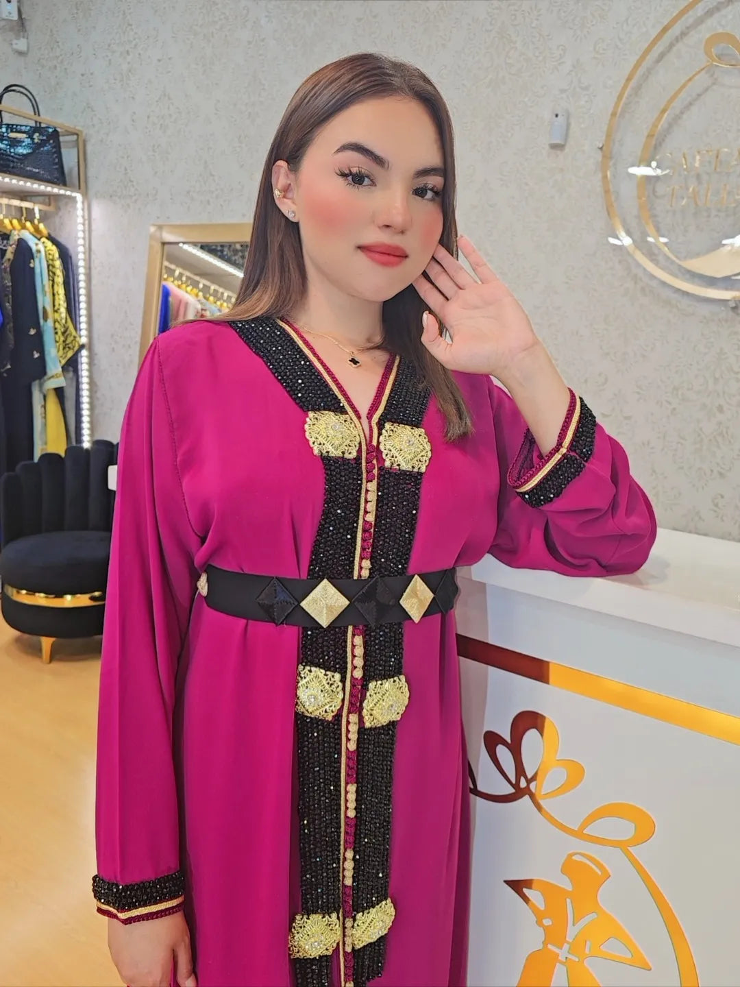 Kaftan Talia  , Caftan Talia  con perlas Jalabiya Middle Kaftan Women Eid Muslim Belt Dress