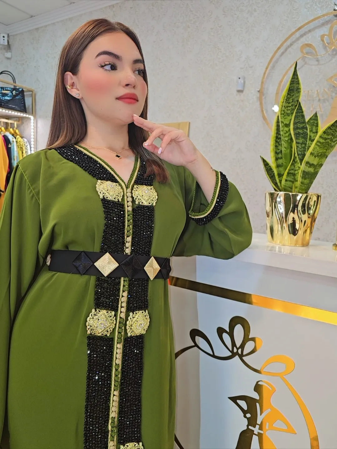 Kaftan Talia  , Caftan Talia  con perlas Jalabiya Middle Kaftan Women Eid Muslim Belt Dress